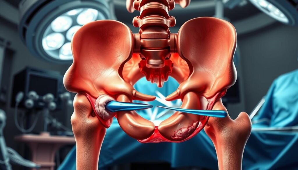 A detailed cross-section view of a "Direct Anterior Approach Hip Replacement" procedure, showcasing the key components and surgical techniques. In the foreground, the surgical site reveals the femur and pelvis bones with precision, meticulously rendered. The middle ground features the specialized surgical tools and instruments used, captured in high detail. The background highlights the sterile, well-lit operating room environment, creating a sense of clinical professionalism. The overall composition emphasizes the expertise and advanced techniques of "Dr Aniket Patil", a leading specialist in this field of hip surgery. A detailed cross-section view of a "Direct Anterior Approach Hip Replacement" procedure, showcasing the key components and surgical techniques. In the foreground, the surgical site reveals the femur and pelvis bones with precision, meticulously rendered. The middle ground features the specialized surgical tools and instruments used, captured in high detail. The background highlights the sterile, well-lit operating room environment, creating a sense of clinical professionalism. The overall composition emphasizes the expertise and advanced techniques of "Dr Aniket Patil", a leading specialist in this field of hip surgery.