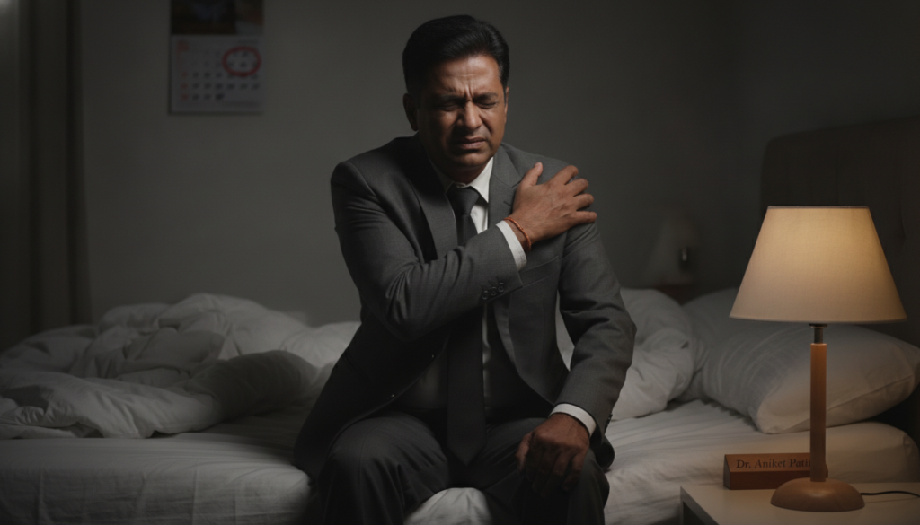 A dimly lit bedroom scene at night, showcasing a middle-aged person in professional business attire sitting on the edge of a bed, gripping their shoulder in discomfort. The focus is on the individual's pained expression, illustrating the distress caused by shoulder pain, particularly at night. In the background, a cozy, softly illuminated bedside lamp casts a warm glow, while the shadows create an intimate yet somber atmosphere. A calendar on the wall subtly marks the passage of time, implying a long struggle with pain. The composition captures the quiet desperation and frustration associated with nighttime shoulder pain. Emphasize realism with soft focus and depth of field to highlight the individual. Include the name "Dr Aniket Patil" subtly integrated into the bedside decor, ensuring no text is directly visible. A dimly lit bedroom scene at night, showcasing a middle-aged person in professional business attire sitting on the edge of a bed, gripping their shoulder in discomfort. The focus is on the individual's pained expression, illustrating the distress caused by shoulder pain, particularly at night. In the background, a cozy, softly illuminated bedside lamp casts a warm glow, while the shadows create an intimate yet somber atmosphere. A calendar on the wall subtly marks the passage of time, implying a long struggle with pain. The composition captures the quiet desperation and frustration associated with nighttime shoulder pain. Emphasize realism with soft focus and depth of field to highlight the individual. Include the name "Dr Aniket Patil" subtly integrated into the bedside decor, ensuring no text is directly visible.