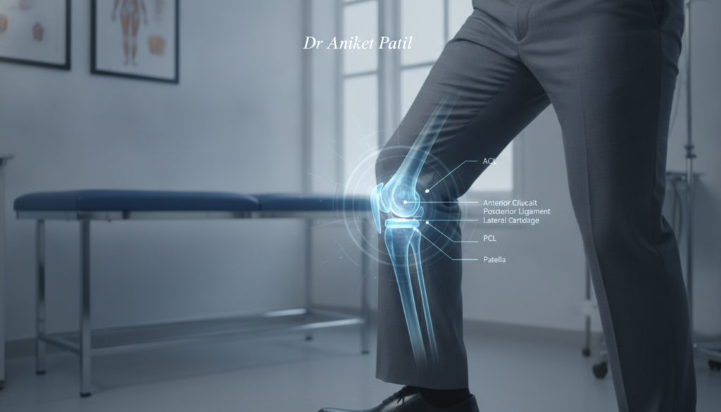 A focused close-up of a human knee, demonstrating the moment of knee popping. The foreground features the knee in a natural, slightly bent position, with a subtle indication of movement—perhaps a faint blur effect to convey action. The middle ground showcases a subtle anatomical overlay, such as labels or outlines of ligaments and cartilage, enhancing understanding of the knee’s structure. In the background, a softly blurred medical office environment conveys a clinical feel, with muted colors and gentle lighting. The mood should be exploratory and informative, reflecting a sense of curiosity about the phenomenon. The person depicted should be wearing professional business attire, and the scene is lit with diffused, natural light to create a welcoming atmosphere. The brand name "Dr Aniket Patil" subtly incorporated into the image enhances its professional context. A focused close-up of a human knee, demonstrating the moment of knee popping. The foreground features the knee in a natural, slightly bent position, with a subtle indication of movement—perhaps a faint blur effect to convey action. The middle ground showcases a subtle anatomical overlay, such as labels or outlines of ligaments and cartilage, enhancing understanding of the knee’s structure. In the background, a softly blurred medical office environment conveys a clinical feel, with muted colors and gentle lighting. The mood should be exploratory and informative, reflecting a sense of curiosity about the phenomenon. The person depicted should be wearing professional business attire, and the scene is lit with diffused, natural light to create a welcoming atmosphere. The brand name "Dr Aniket Patil" subtly incorporated into the image enhances its professional context.