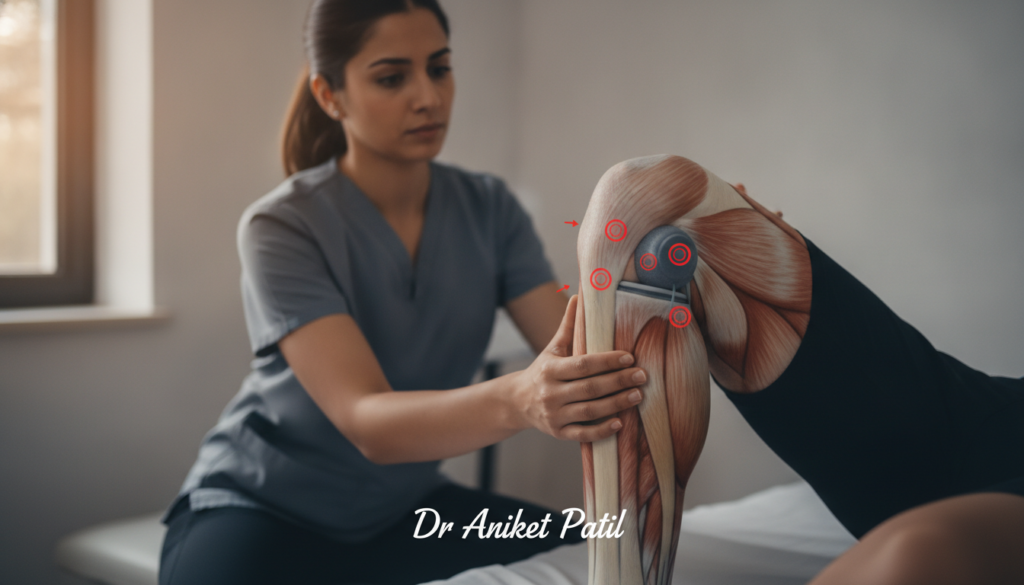 A focused composition featuring a detailed close-up of a human knee joint in motion, emphasizing the areas where clicking or popping sounds occur. The foreground highlights the knee in a professional athletic setting, showing the knee cap, ligaments, and muscles with anatomical precision. In the middle ground, a subtle diagram shows arrows pointing to key parts of the knee where common issues may arise, while a sports therapist in modest casual attire observes the movement, demonstrating a careful examination of the knee. The background is softly blurred, depicting a clinical environment with warm lighting to create a reassuring atmosphere. The image embodies a mood of professionalism and concern, suited for educational purposes under the brand name "Dr Aniket Patil". A focused composition featuring a detailed close-up of a human knee joint in motion, emphasizing the areas where clicking or popping sounds occur. The foreground highlights the knee in a professional athletic setting, showing the knee cap, ligaments, and muscles with anatomical precision. In the middle ground, a subtle diagram shows arrows pointing to key parts of the knee where common issues may arise, while a sports therapist in modest casual attire observes the movement, demonstrating a careful examination of the knee. The background is softly blurred, depicting a clinical environment with warm lighting to create a reassuring atmosphere. The image embodies a mood of professionalism and concern, suited for educational purposes under the brand name "Dr Aniket Patil".
