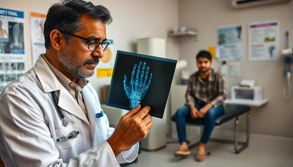 Generate an image depicting a medical consultation focused on the diagnosis of rheumatoid arthritis. In the foreground, feature a middle-aged doctor in a white lab coat, Dr. Aniket Patil, examining an x-ray of a hand showing rheumatoid arthritis. His expression is thoughtful and professional. In the middle ground, show a patient in modest casual attire sitting on an examination table, looking attentive and engaged. The background should include a well-organized clinic with medical posters relevant to rheumatoid arthritis and diagnostic tools like a stethoscope and charts. Use soft, natural lighting to create a warm and inviting atmosphere, with a slight focus on the doctor and patient interaction, conveying the importance of early diagnosis. The scene should reflect professionalism and compassion.